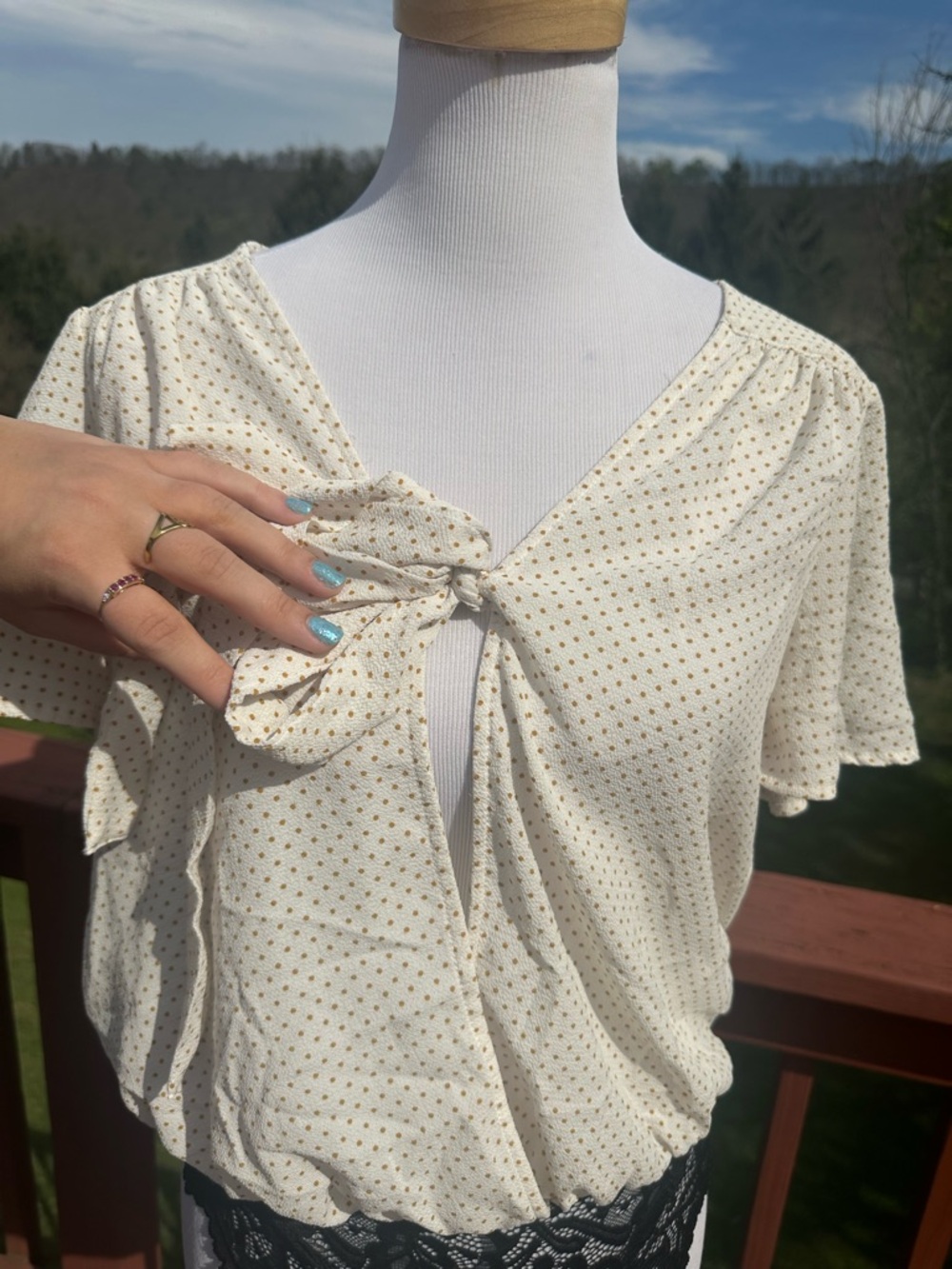 Free People Cream Dot Tie-Neck Flutter Sleeve Bodysuit - Picture 3 of 5